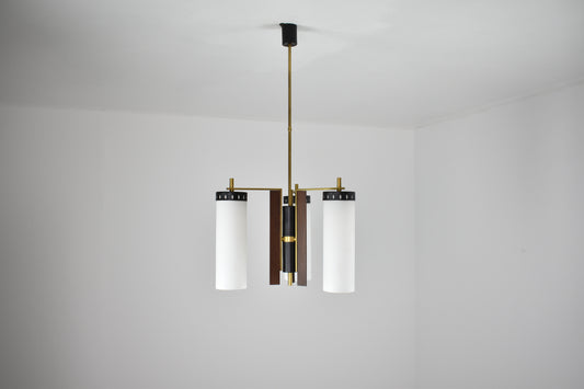 1960's 3 Light Glass and Wood Pendant Attributed to Stilnovo