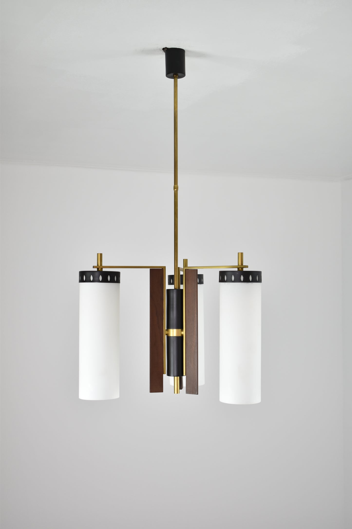 1960's 3 Light Glass and Wood Pendant Attributed to Stilnovo