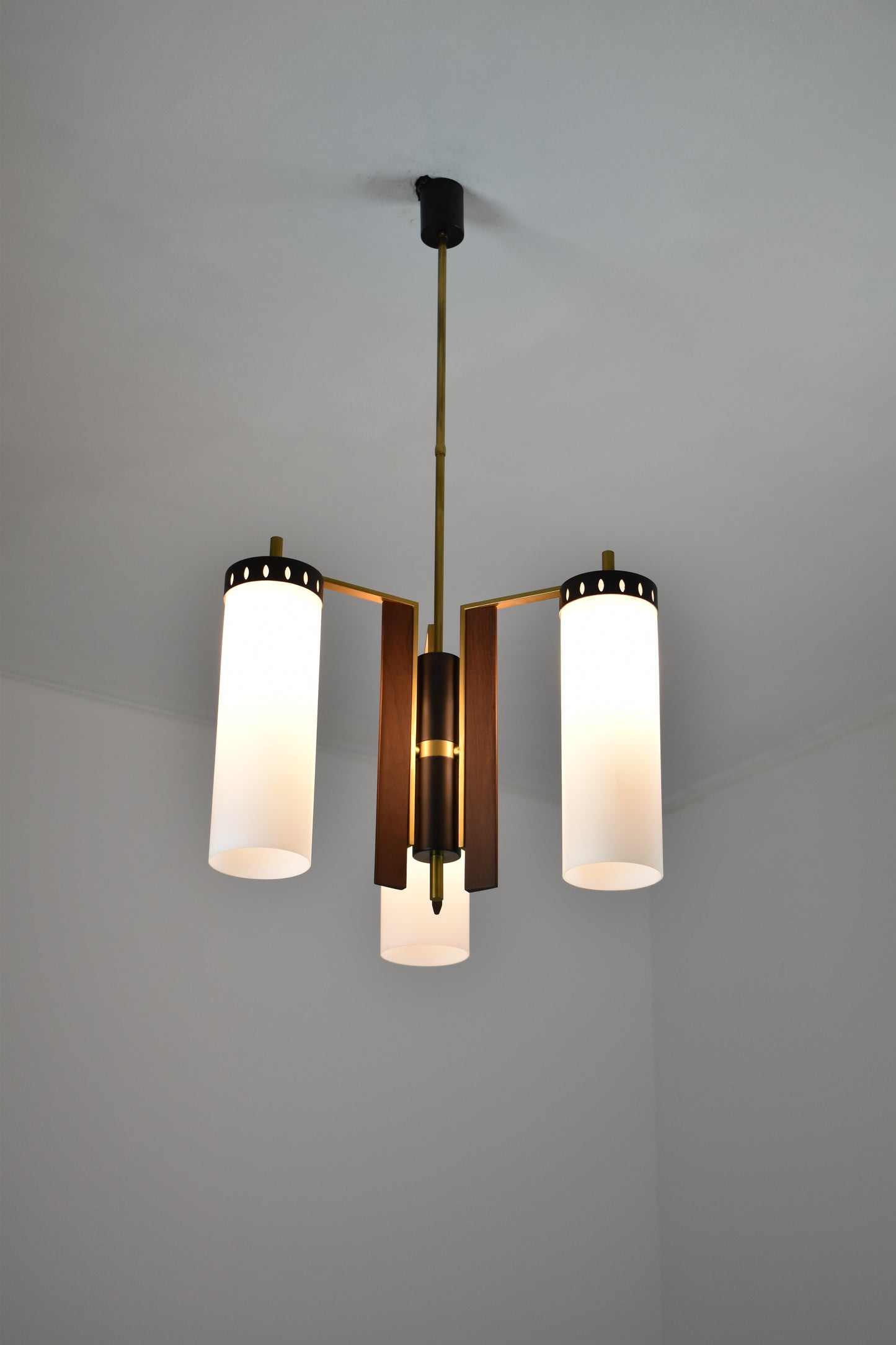 1960's 3 Light Glass and Wood Pendant Attributed to Stilnovo