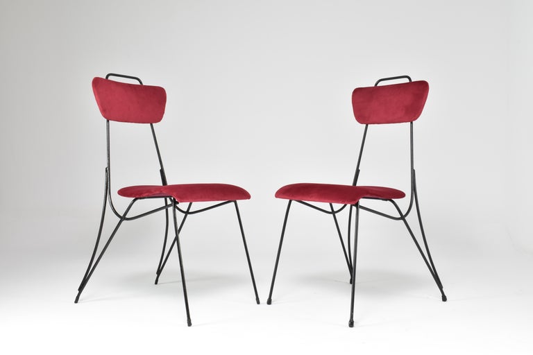 Pair of French Midcentury Metal and Velvet Chairs, 1950s