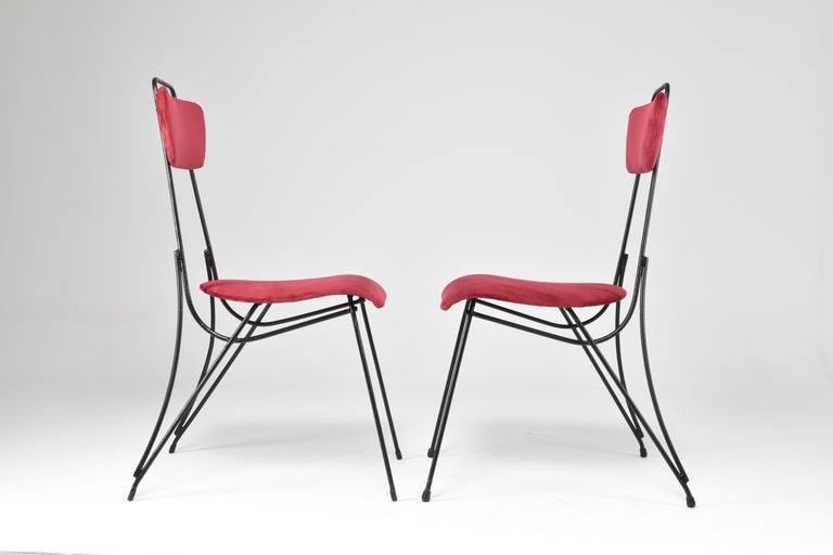 Pair of French Midcentury Metal and Velvet Chairs, 1950s