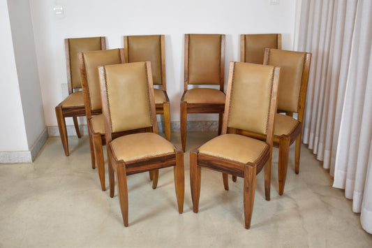 Set of 8 Walnut & Leather Dining Chairs by André Sornay, France 1930s
