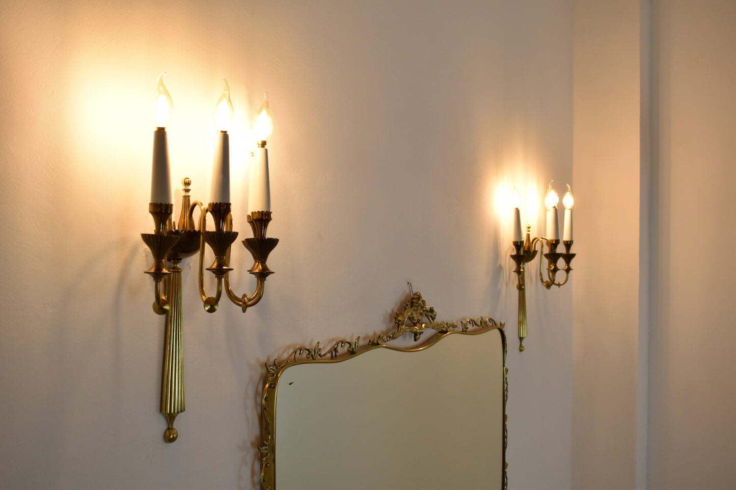 Pair of Four-Light Italian Brass Candelabra Sconces, 1940s